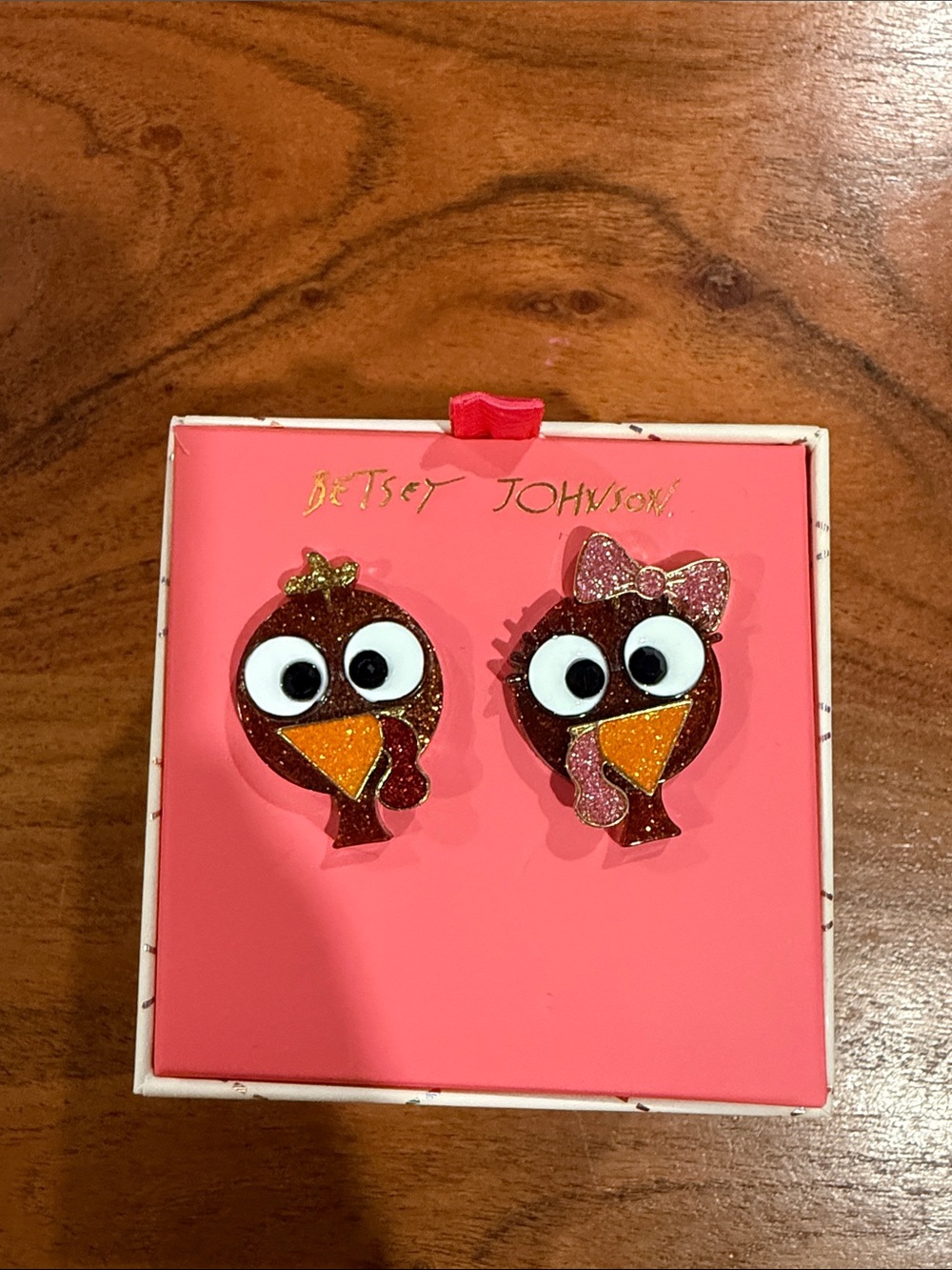 Betsey Johnson Kids Glitter Brown Bird Earrings with Pink Bow